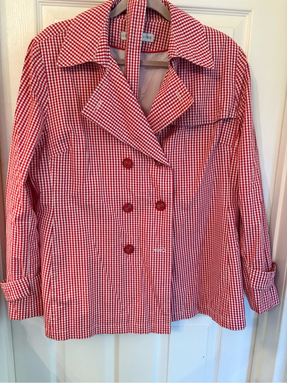 Larry Levine Red Gingham Double-Breasted Women's Rain Jacket